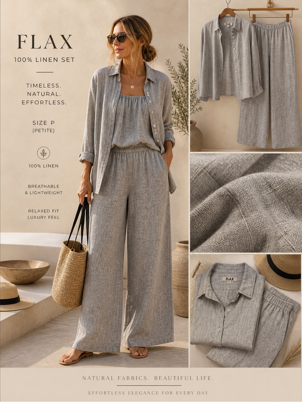 FLAX 100% Linen Wide-Leg Pants Set in Light Gray